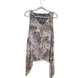 DKNY Jeans Asymmetrical Tank Top Abstract Print Lace Back Boho Chic Size‎ S